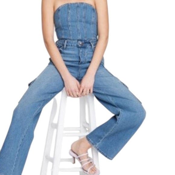 Wild Fable Tube Cargo denim wide leg Jumpsuit bandeau strapless - Picture 1 of 16